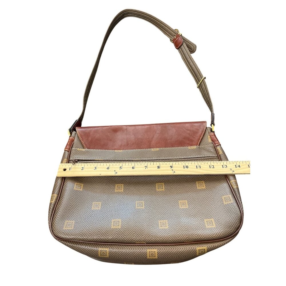 Texier Brown Leather & Green Coated Canvas Shoulder Bag Made in France - Picture 9 of 9